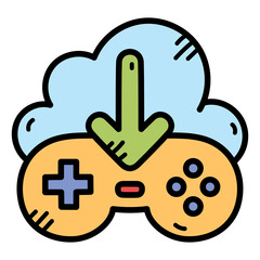 Game Controller Downloading to Cloud with Green Arrow Light Blue Cloud and Outlined Icon on Transparent Background Game Streaming Service Concept