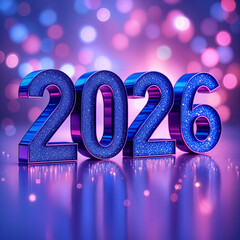 Sparkling Blue 2026 New Year Numbers on Reflective Surface with Glowing Lights and Bokeh Background Isolated on White P N G Download for Social Media Advertisement Banner