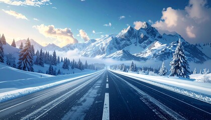 Winter mountain road scenic view, snowy highway leading to majestic peaks surrounded by pine trees and dramatic sky with soft clouds at sunrise.