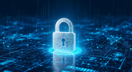 Glowing padlock with circuit board design on a complex blue network background with connected dots
