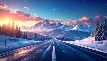 Winter road leading to mountains, snow covered landscape, frosty air, scenic beauty, tranquil and peaceful winter travel destination.