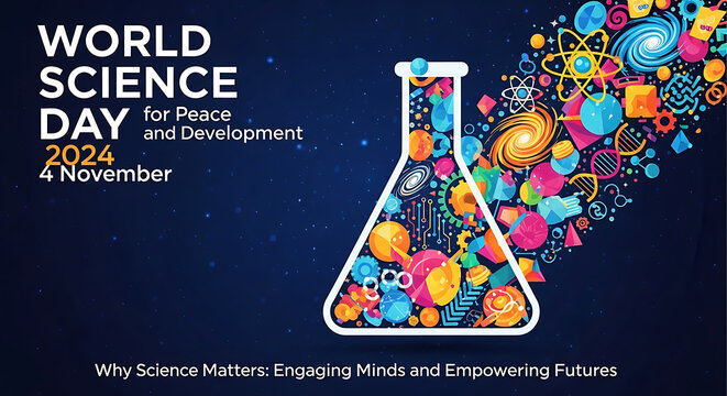 World science day for peace and development colorful beaker illustration