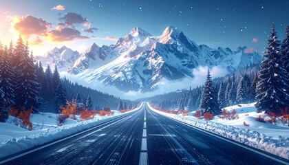Winter road leads to mountains, snow-covered trees, scenic drive, clear sky, peaceful landscape, perfect for travel and adventure inspiration.