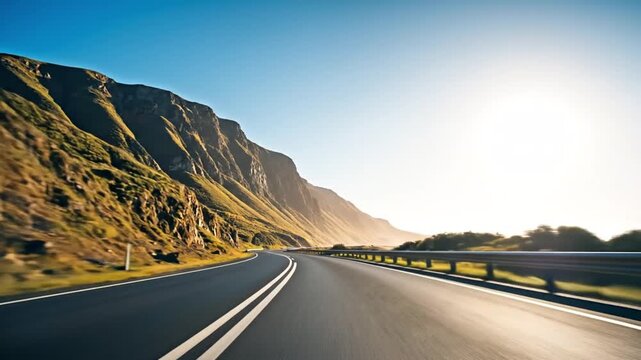The simple pleasure of a road trip on a scenic coastal highway winding through mountains under a bright sun