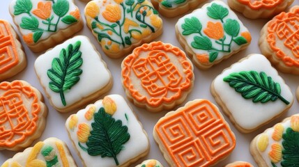 Ornate iced cookies decorated with floral and leaf designs.