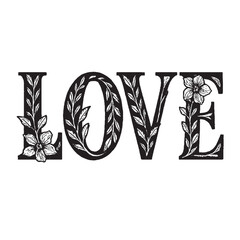 Romantic floral LOVE lettering with decorative leaves and blossoms in bold black design on white background, ideal for wedding cards, posters, prints, and valentine themes
