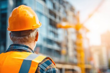 A construction worker in a safety vest and helmet observes a building site with cranes and modern structures in the background