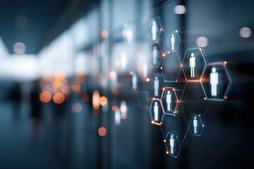 Digital network of human icons connected by hexagons, symbolizing social connections and technology in a modern office environment