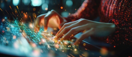 Woman's hands typing on glowing keyboard, night city background