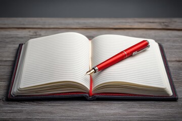 An open lined notebook with a red fountain pen resting on its pages, placed on a rustic wooden surface