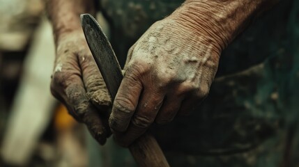 Elderly hands sharpening tool, rural setting, blurred background, work