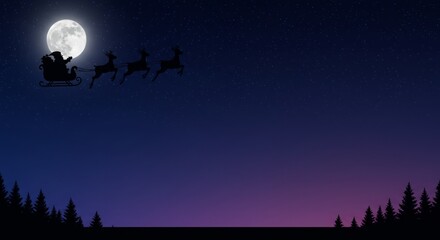 Christmas Santa sleigh silhouette banner background, starry night gradient 