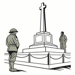 Solemn soldier stands guard before war memorial cross monument honoring fallen heroes