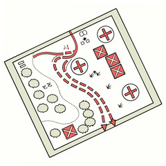 Strategic battle map depicting troop movement and objectives with red and white markers on a light beige background
