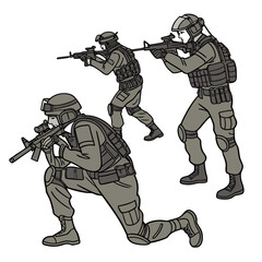 Three soldiers in tactical gear aiming their rifles in a coordinated defensive stance illustration