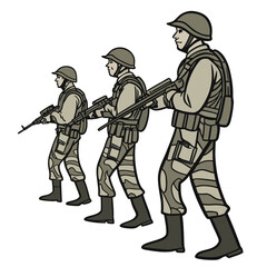 Three soldiers in camouflage uniforms and helmets marching forward with rifles in a stylized illustration