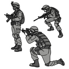 Three soldiers in tactical gear with rifles in action poses ready for combat operations