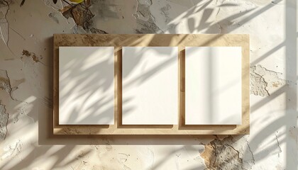 Blank canvases sunlight textured wall, modern minimal display for art mockups or creative projects in natural light with rough plaster background.