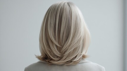 Naklejka premium A woman with straight, shoulder-length, blonde hair is seen from behind against a soft, neutral background