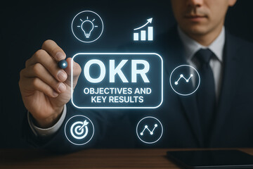 Okr objectives and key results concept for strategic planning and performance management focusing on setting clear goals tracking progress and achieving business growth