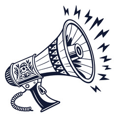 Stylized megaphone with decorative patterns emitting sound waves and lightning bolts in a bold graphic illustration