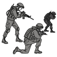Three soldiers in tactical gear and helmets aiming their rifles in different combat stances and positions