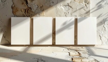 Minimalist blank canvases sunlight shadows textured wall background, perfect for mockups, art displays, or creative presentations with natural morning light.