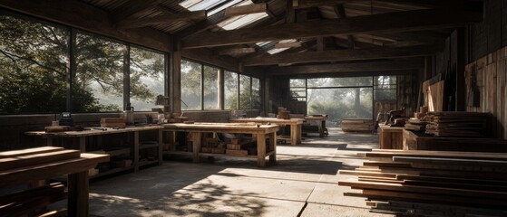 Obraz premium A spacious, sunlit woodworking workshop with large windows, wooden workbenches, and stacks of lumber, surrounded by trees outside