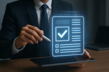 Digital contract or quality assurance concept, a businessman is holding a tablet with a stylus, showing a holographic checklist with a verified checkmark and binary code data in a corporate setting