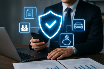 Businessman using smartphone for insurance security service with shield icon on virtual screen representing protection for family, money, car, and financial documents