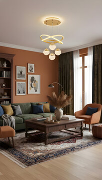 Warm Terracotta Living Room with Bohemian Rug