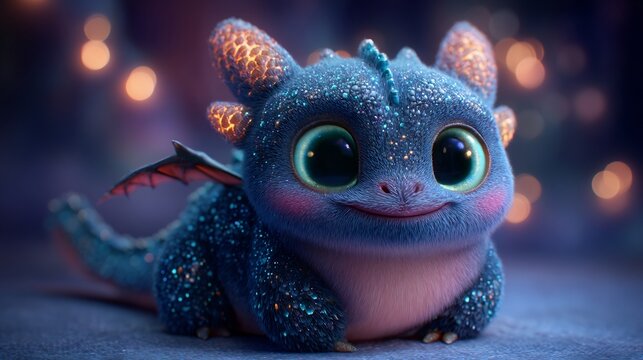 Cute fantasy baby dragon character with shimmering blue fur, large green eyes, and glowing ears smiling.
