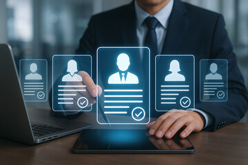 Human resources manager selecting the best candidate profile with a pen on virtual screen representing the successful hiring process and employment management