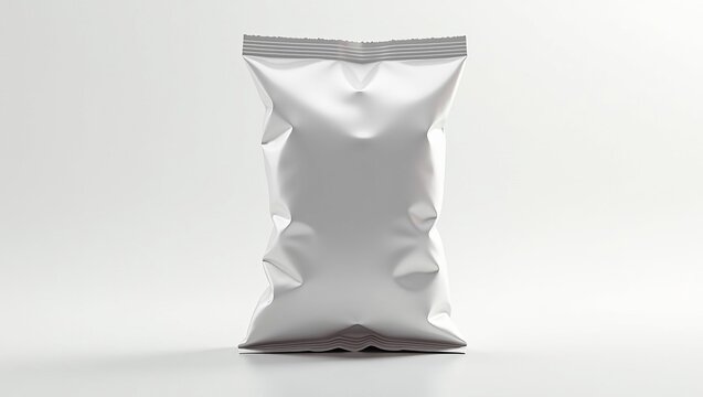 Blank foil chip bag mockup for food snack packaging design. Silver plastic pouch template isolated on white background.