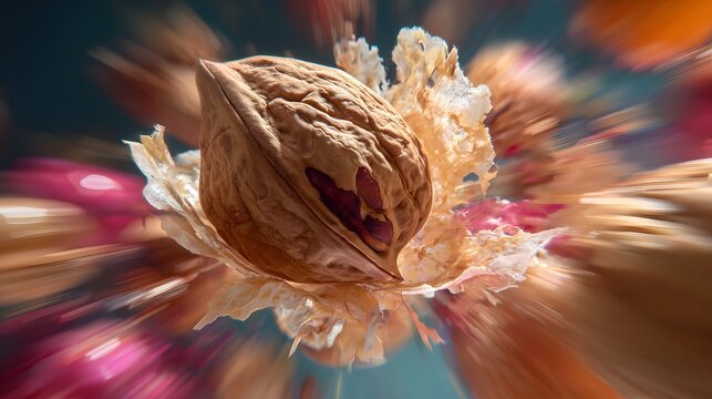A single textured walnut with a dynamic motion blur effect.