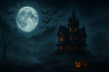 Landscape background of a spooky Halloween night with a full moon, haunted house, and flying bats, misty atmosphere