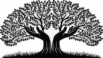 Obraz premium Hands nurturing a flourishing tree symbolizing growth, nature, and environmental care icon, originally vector graphics