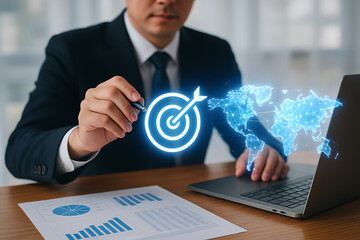 Businessman setting global business target goal with virtual glowing target icon over world map on office desk representing international market success strategy