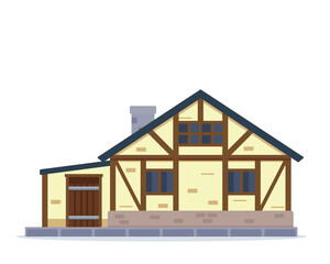 Simple Two Story Medieval Style House with Timber Framing Design and Stone Foundation on White Background Illustration