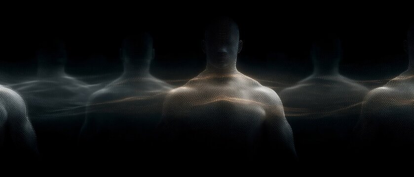 Abstract Digital Human Figures Composed of Glowing Particle Network on Dark Background