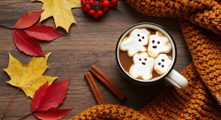 Hot chocolate with ghost marshmallows and autumn leaves
