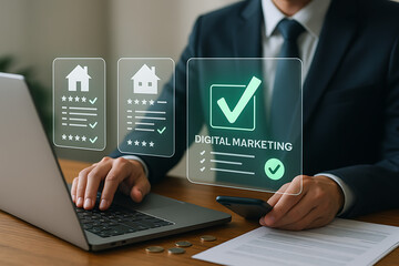 Digital marketing checklist on a virtual screen with a businessman using a laptop and phone, symbolizing strategy planning and successful execution with a quality rating system