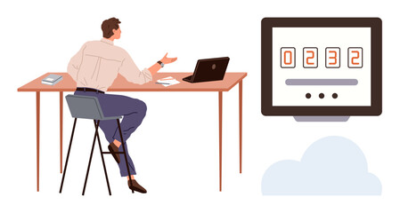 Man seated at desk with laptop, notebook, and digital counter on screen. Ideal for tracking, productivity, technology, efficiency, remote work business cloud computing concepts. Simple flat