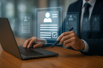 Digital application review for job applicants with a businessman using a pen to select a candidate's virtual profile and resume, symbolizing the hiring and selection process