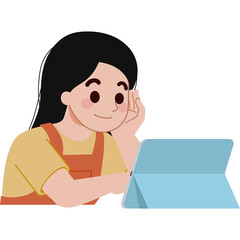 Obraz premium Girl with Dark Hair Using a Light Blue Tablet Against Transparent Background Digital Art Illustration