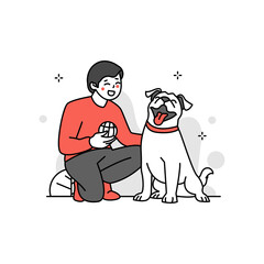 Smiling Man in Red Shirt Playing with White Dog Against Transparent Background