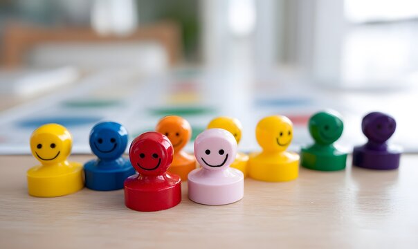 classic plastic colourful man shaped board game pieces with happy faces, professional looking
