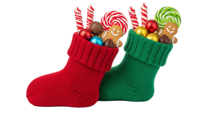 Christmas stocking filled with colorful candies, chocolate bars, and small gingerbreads isoalted on transparent background
