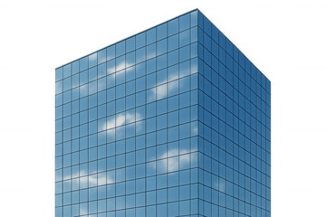 Fototapeta premium Modern glass building reflecting blue sky and white clouds, transparent background, corporate architecture concept