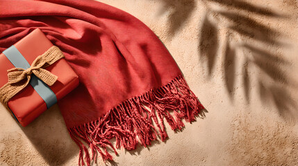 A red gift box and scarf rest on sand with palm leaf shadows.
